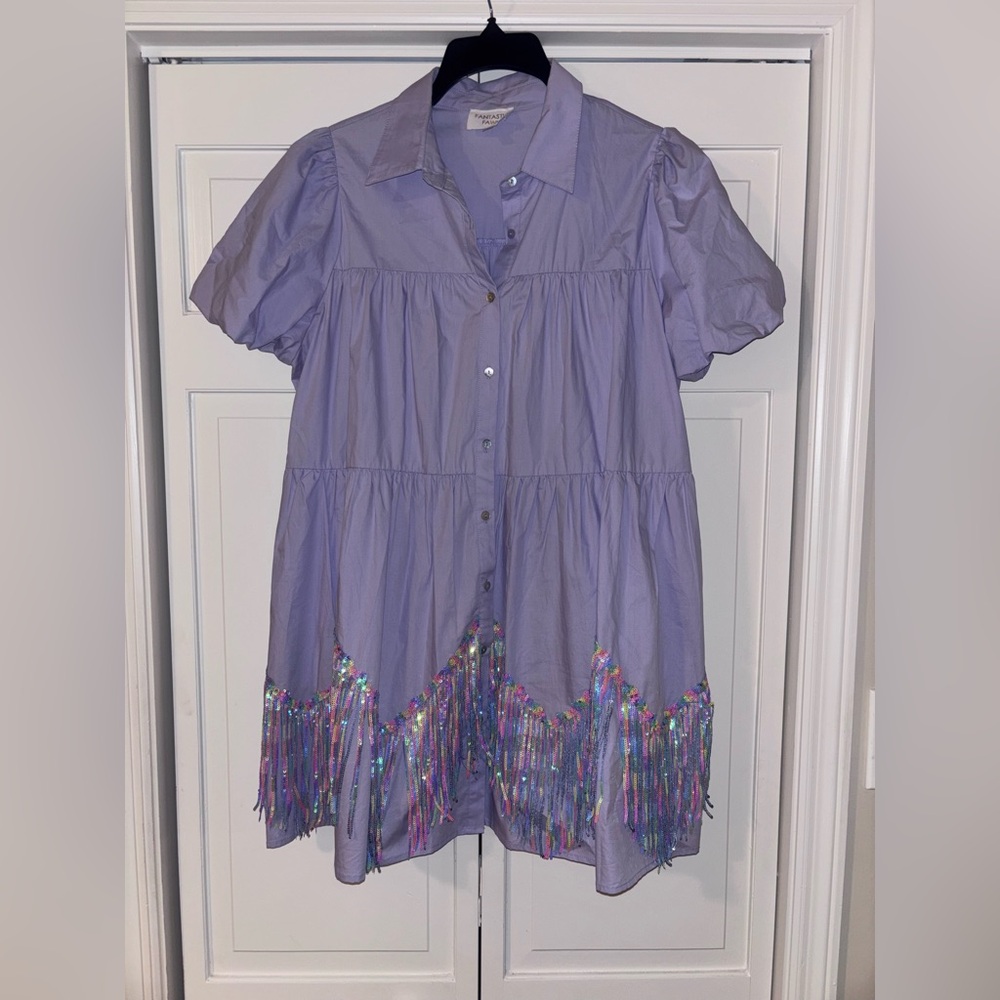 Fantastic Fawn Purple Button-Up Dress with Colorful Sequin Fringe Detail
